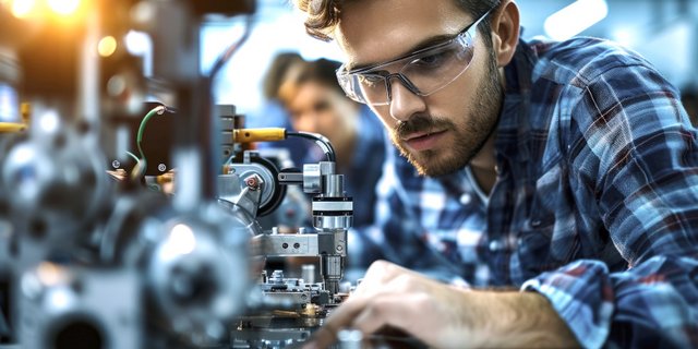 Mann mit Schutzbrille arbeitet an einer technischen Versuchsanlage im Labor