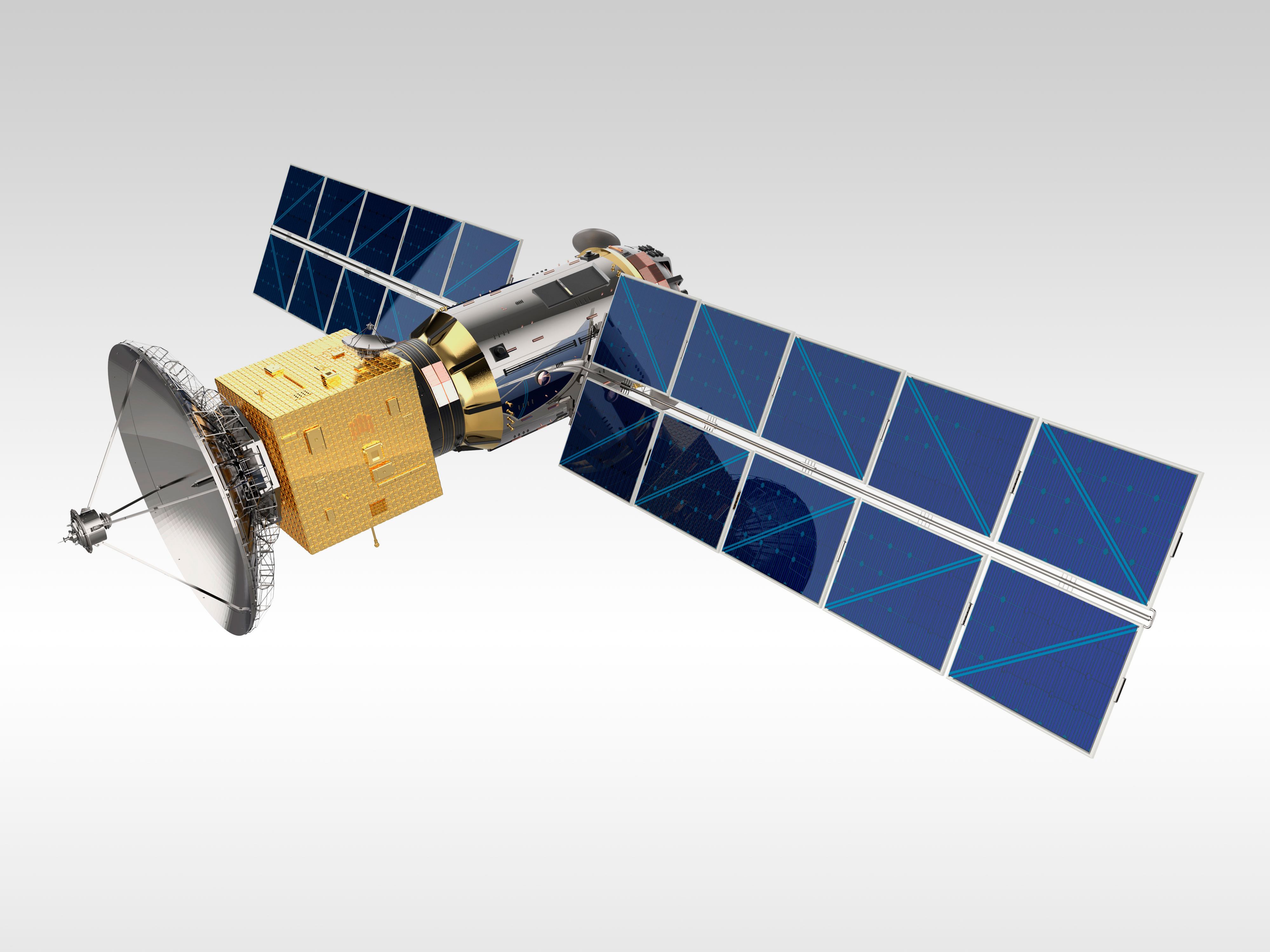 Darstellung eines Satelliten mit ausgeklappten Solarpaneelen im Weltraum.