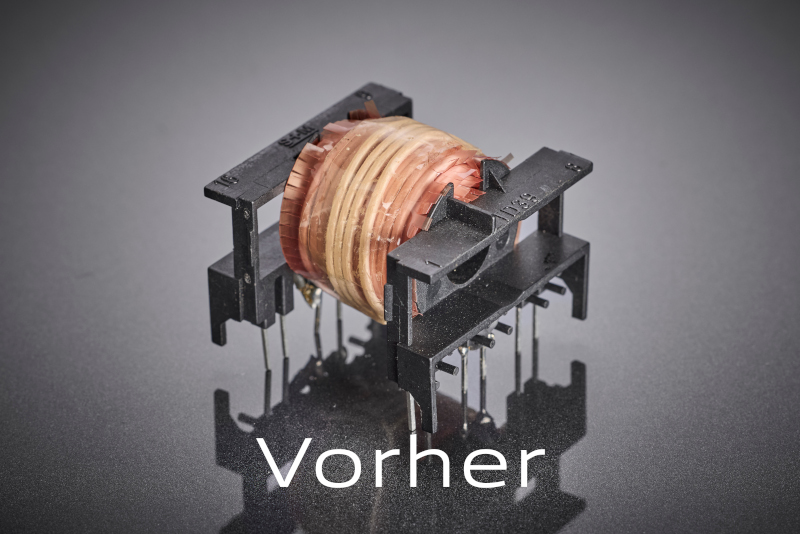 Die ursprüngliche Transformatorwicklung mit konventioneller Leitergeometrie zeigt die konstruktiven Grenzen bei hohen Schaltfrequenzen: erhöhte AC-Verluste, stärkere Erwärmung und eingeschränkte Effizienz in kompakter Bauform.