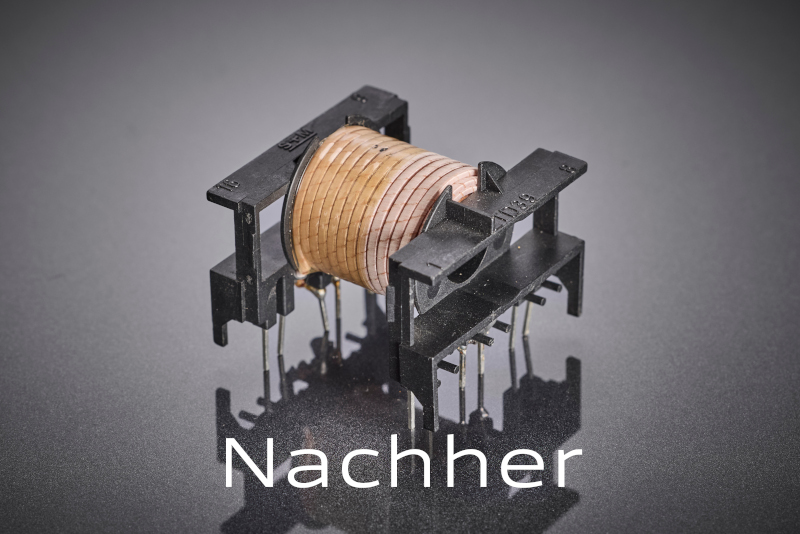 Die optimierte Wicklung mit HF-Litze reduziert Skin- und Proximity-Effekte deutlich und ermöglicht einen kompakteren, thermisch stabileren Transformator bei gleichzeitig höherem Wirkungsgrad und normkonformer Isolation.