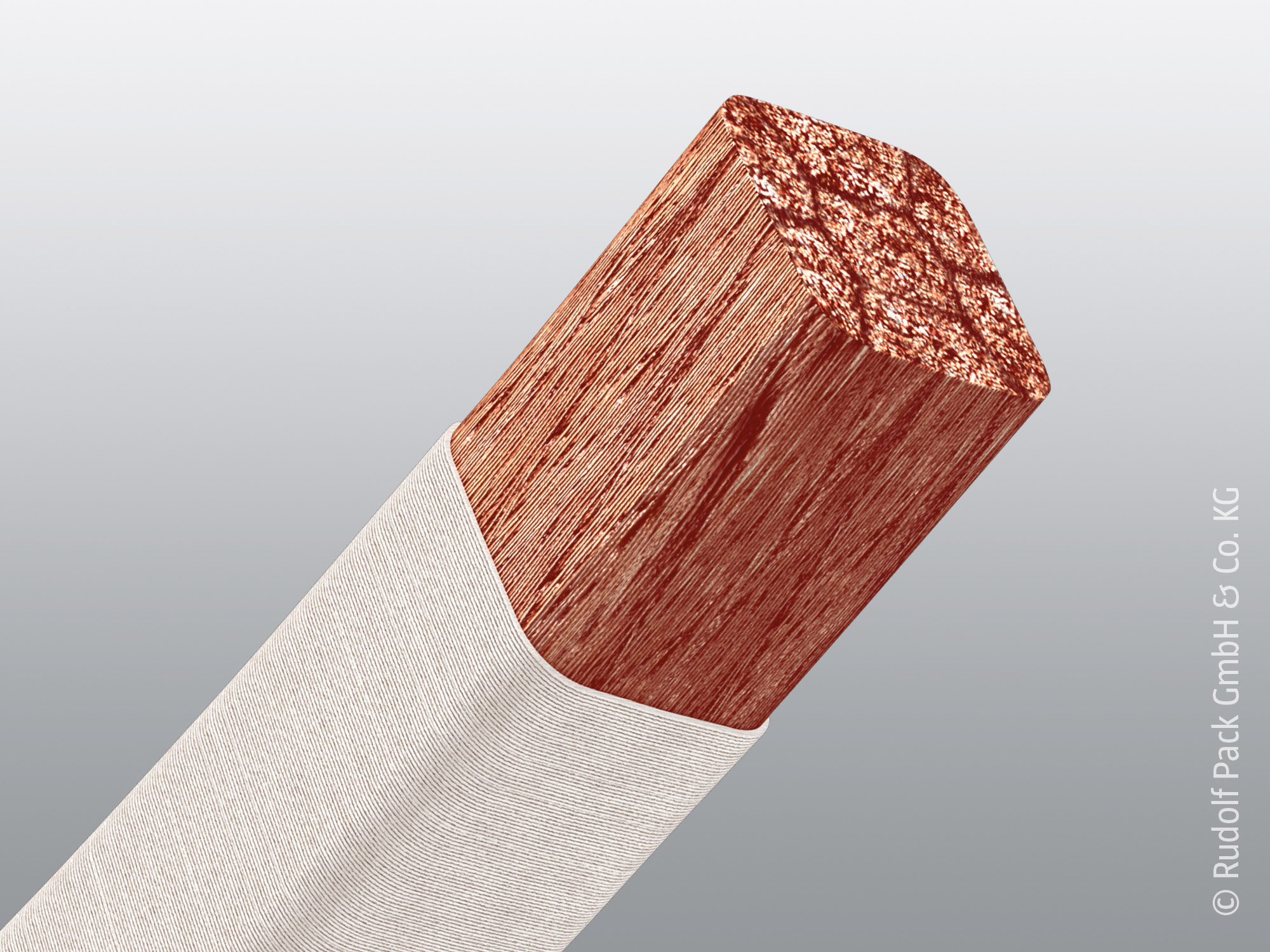 Profilierte Kupferlitze mit weißer Naturseide-Ummantelung im Anschnitt